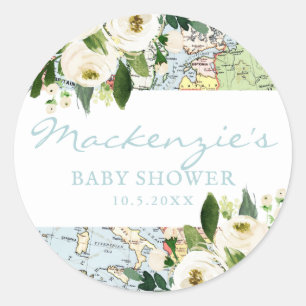Travel Theme Baby Shower Floral Map Classic Round Sticker