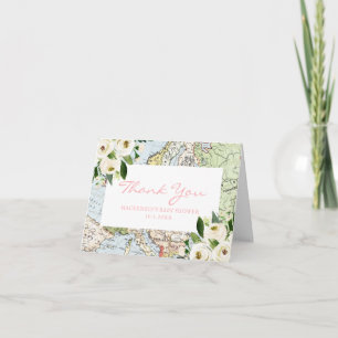 Travel Theme Baby Shower Pink Map Thank You  Card