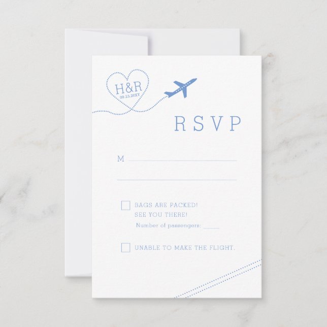 Travel Theme Blue Aeroplane Heart Minimalist RSVP Card (Front)