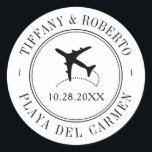 Travel Theme Custom Destination Wedding Aeroplane Classic Round Sticker<br><div class="desc">Personalised travel theme destination wedding save the date sticker with a black and white aeroplane monogram,  date,  and custom location text.</div>