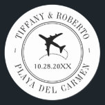 Travel Theme Custom Destination Wedding Aeroplane Classic Round Sticker<br><div class="desc">Personalised travel theme destination wedding save the date sticker with a black and white aeroplane monogram,  date,  and custom location text.</div>