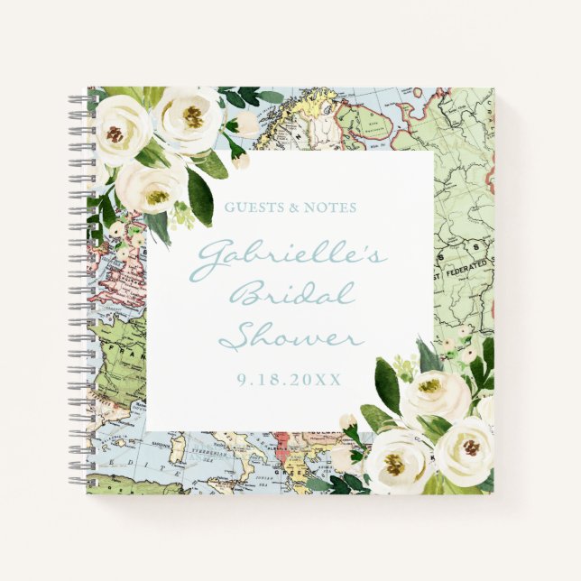 Travel Theme Floral Map Shower Guest Book (Front)