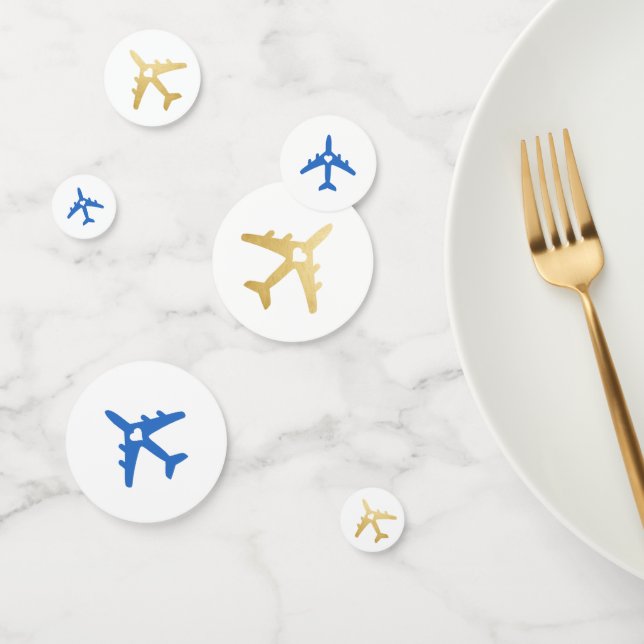 Travel Theme Gold Blue Aeroplane Romantic Heart Confetti (Group)