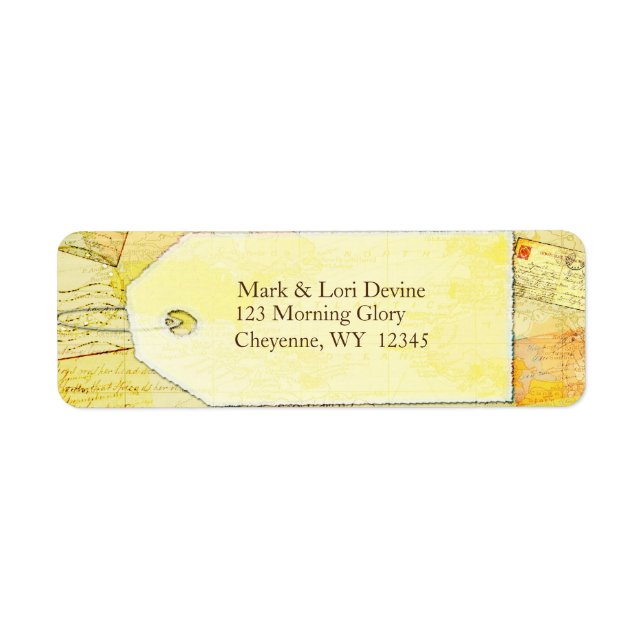 Travel theme in cocoa and cream address labels. (Front)