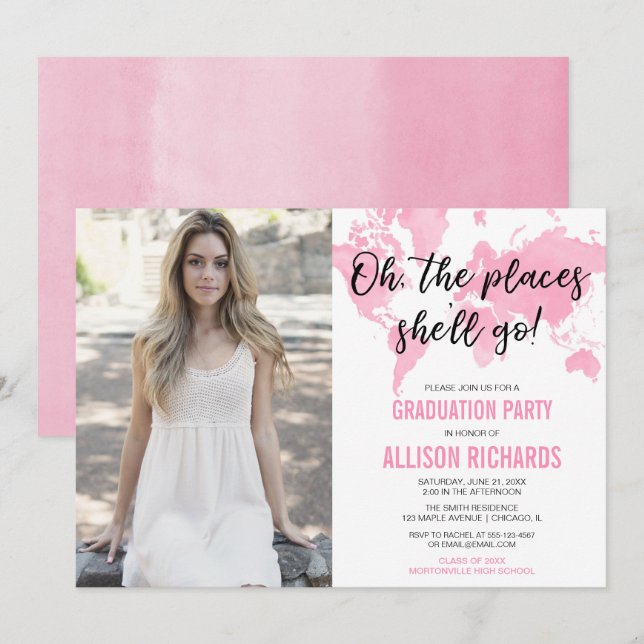 Travel theme oh the places she'll go graduation invitation (Front/Back)