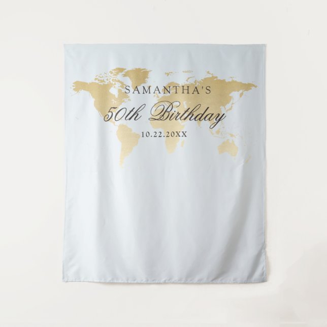 Travel Theme Party Blue Map Photo Selfie Backdrop Tapestry (Front)