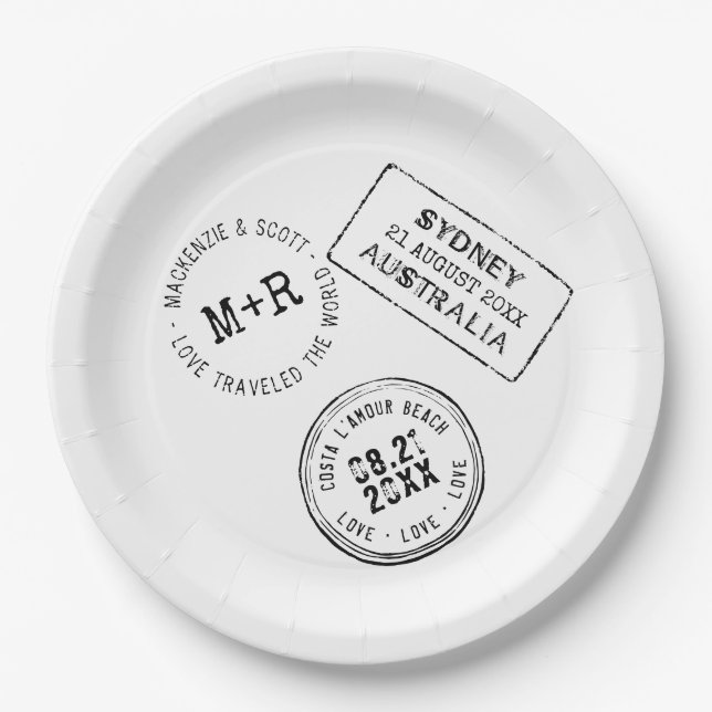 Travel Theme Passport Stamp Custom Wedding Paper Plate (Front)