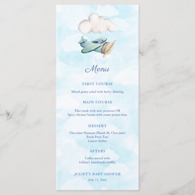 Travel Theme Toy Aeroplane Baby Boy Shower Party Menu (Front)