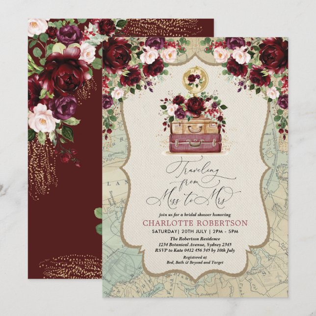 Travel Theme Vintage Map Adventure Bridal Shower Invitation (Front/Back)