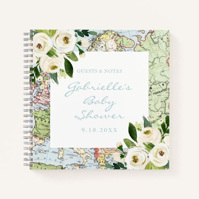Travel Theme Vintage Map Baby Shower Guest Book (Front)