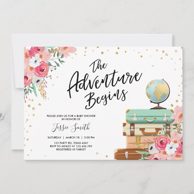 Travel themed Baby shower invite Adventure Begins (Front)