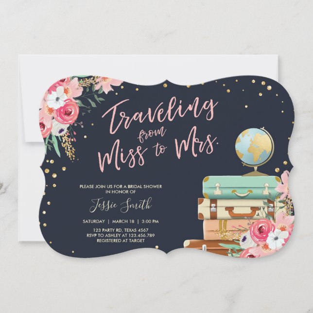 Travel themed Bridal shower invitation Miss to Mrs (Front)