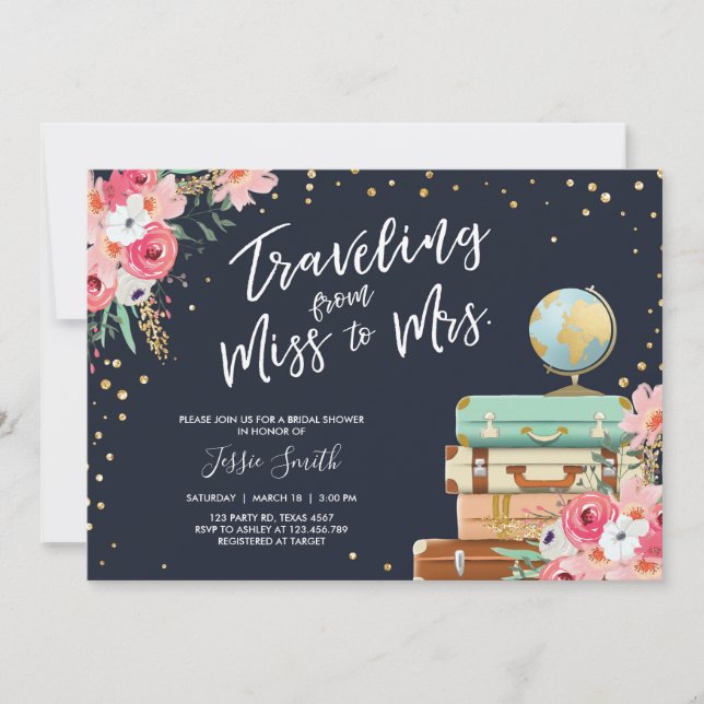 Travel themed Bridal shower invitation Miss to Mrs (Front)