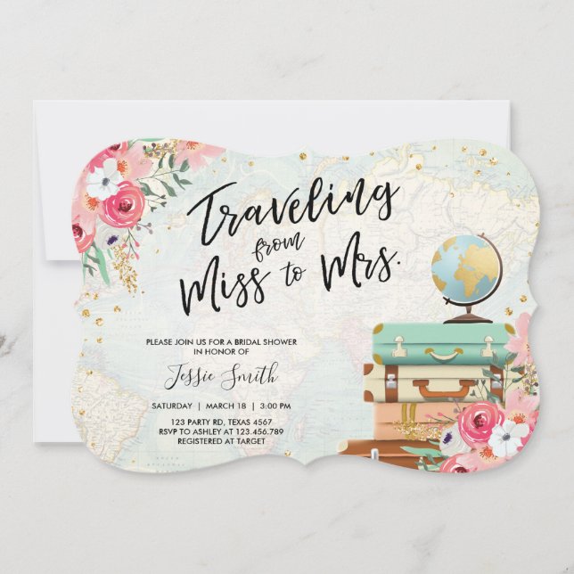 Travel themed Bridal shower invitation Miss to Mrs (Front)