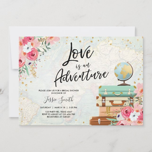 Travel themed Bridal shower Love is Adventure Pink Invitation (Front)