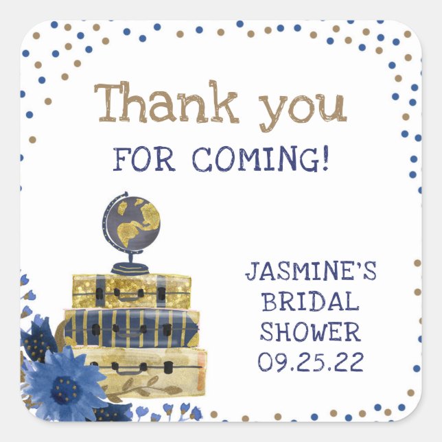 Travel themed bridal shower thank you favour square sticker (Front)