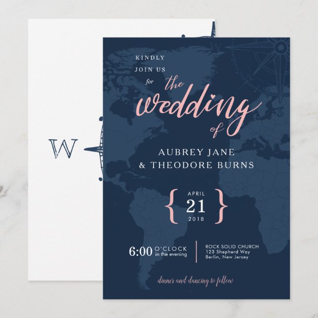 Travel Themed Compass and Globe Wedding Invitation (Front/Back)