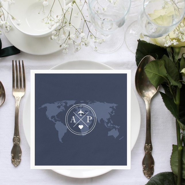 Travel Themed Destination Wedding Navy Blue Napkin (Travel themed wedding napkins)
