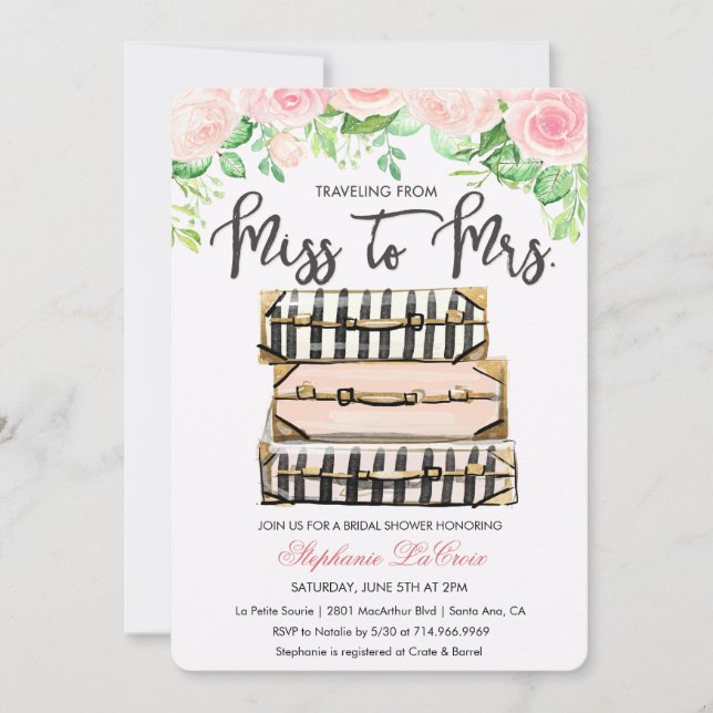 Travel Themed Floral Bridal Shower Invitation (Front)