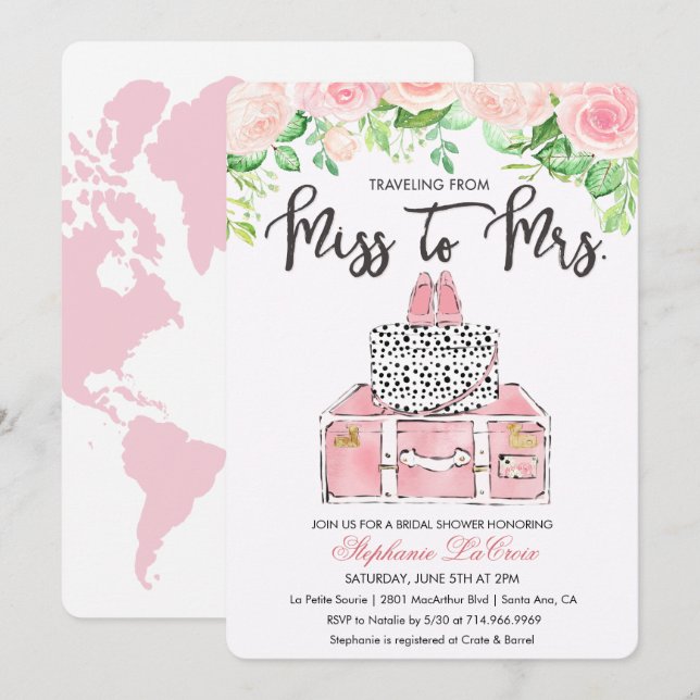 Travel Themed Floral Bridal Shower Invitation (Front/Back)