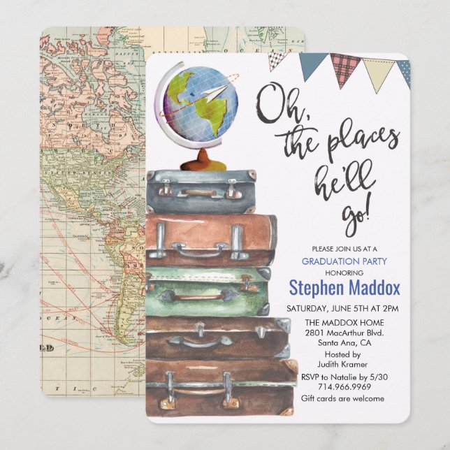 Travel Themed Male Graduation Party Invitation (Front/Back)