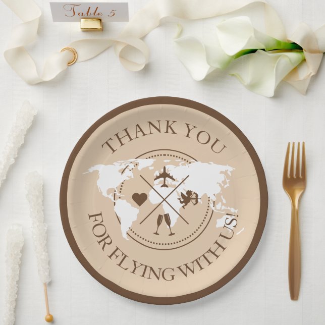 Travel themed Wedding Decor World Map Boho Beige Paper Plate (Wedding)
