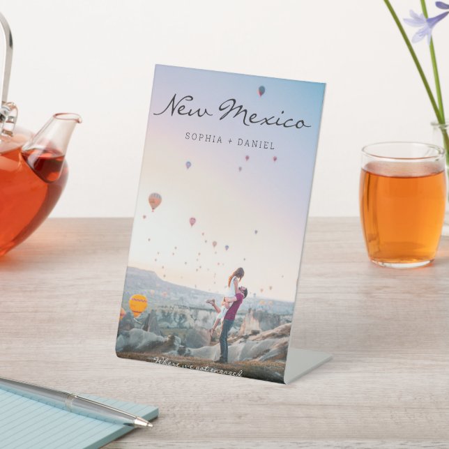 Travel Themed Wedding Table Numbers with Photo Pedestal Sign (In SItu)