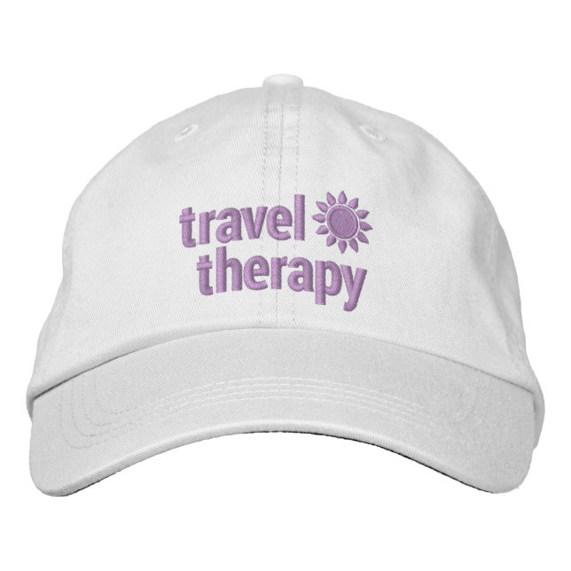 Travel Therapy Embroidered Hat in White & Lavender (Front)