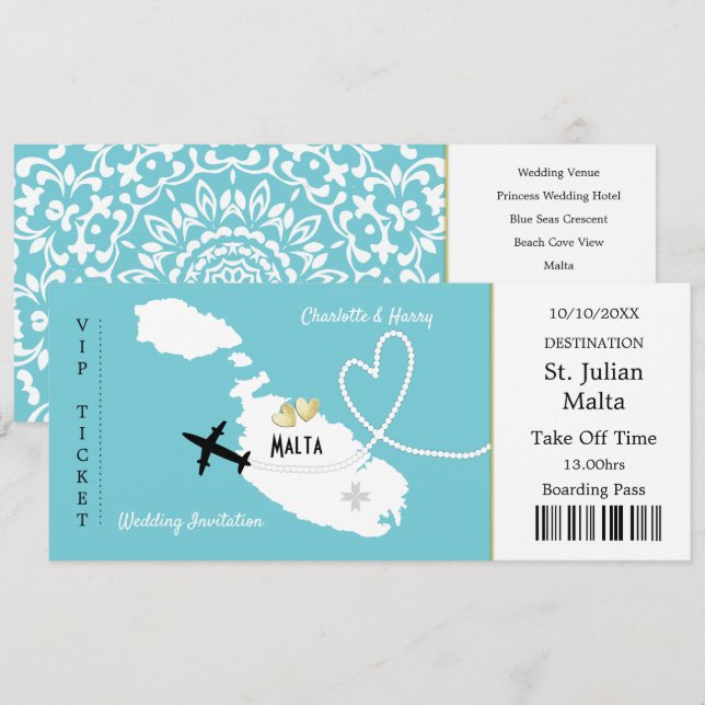 Travel Ticket Boarding Pass Malta Wedding Invite (Front/Back)