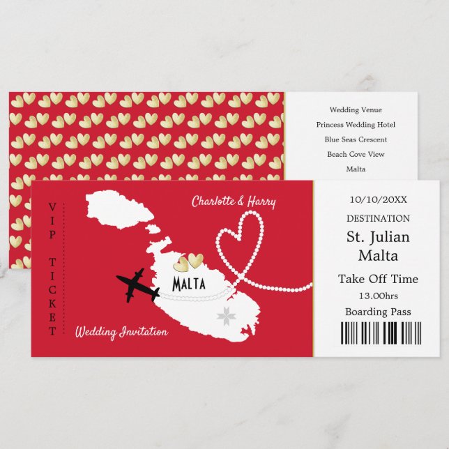 Travel Ticket Boarding Pass Malta Wedding Invite (Front/Back)