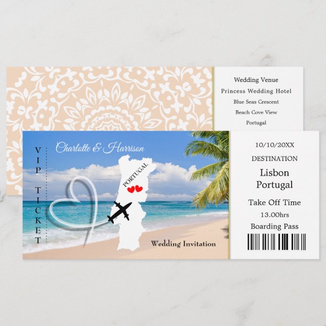 Travel Ticket Boarding Pass Portugal Wedding Invitation (Front/Back)