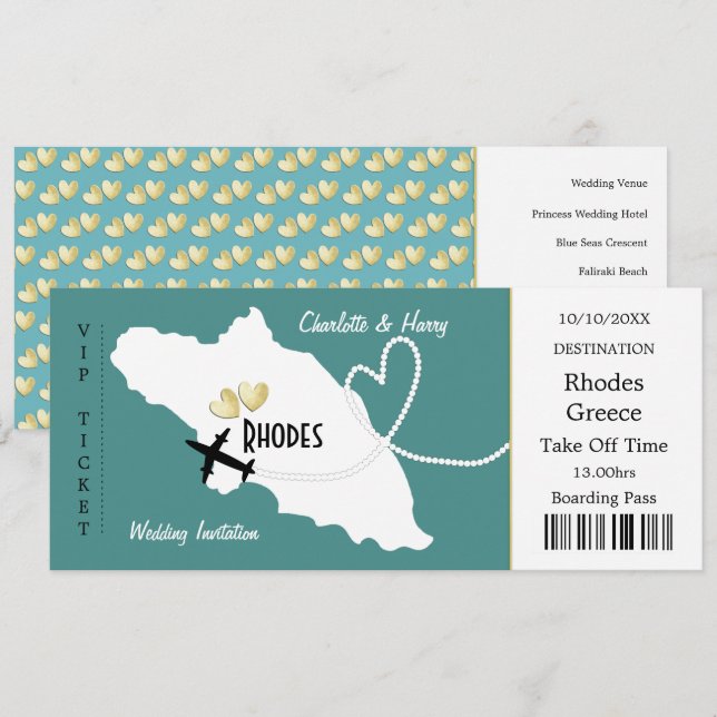 Travel Ticket Boarding Pass Rhodes Greek Wedding Invitation (Front/Back)