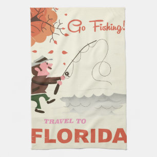 Travel to Florida vintage fishing print vacation. Tea Towel