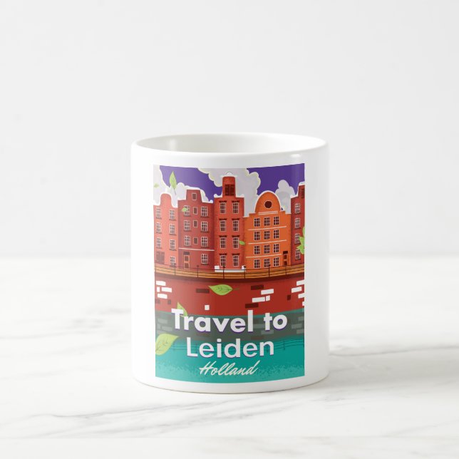 Travel to Leiden Holland cartoon travel poster Coffee Mug (Center)