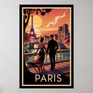 Travel to Paris Couple and Eiffel Tower Vintage Poster