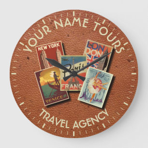 Travel Tours Agency Vintage Postcards Custom Name Large Clock