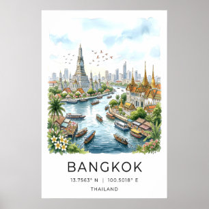 Travel Watercolor Print, Bangkok Skyline and Poster