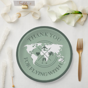 Travel Wedding Decor World Map Boho Sage Green Paper Plate