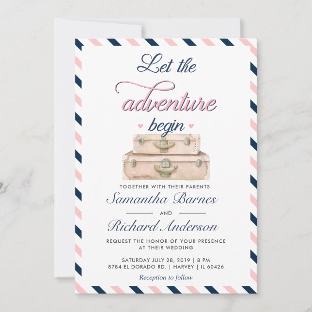 Travel Wedding Invitation Postcard Red Blue (Front)