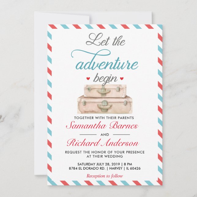 Travel Wedding Invitation Postcard Red Blue (Front)