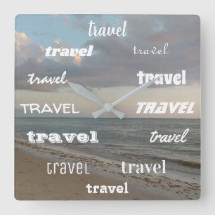 TRAVEL Word Print Beach Picture Fun Square Wall Clock
