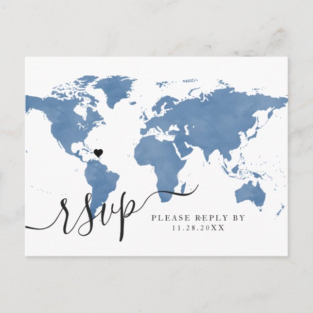 Travel World Map Blue Heart RSVP Postcard (Front)