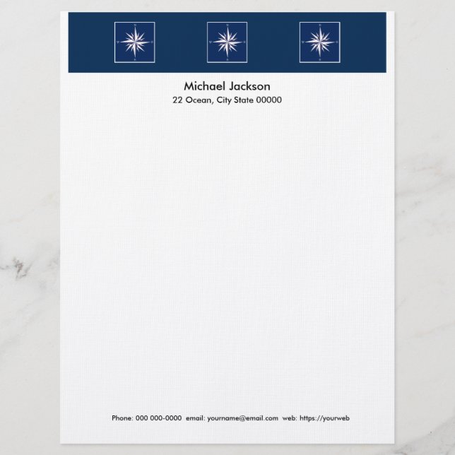 Travel World Map Compass Rose Custom Letterhead (Front)
