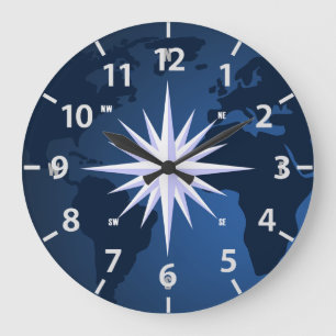 Travel World Map Compass Rose Large Clock