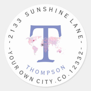 Travel World Map Monogram Circular Address Label