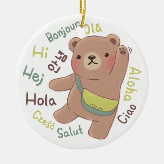 Traveler Bear: Greetings Illustration Ceramic Tree Decoration (Front)