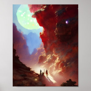 Travelers in a canyon of red rock poster