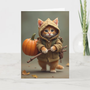 Traveling hobo kitty with pumpkin card