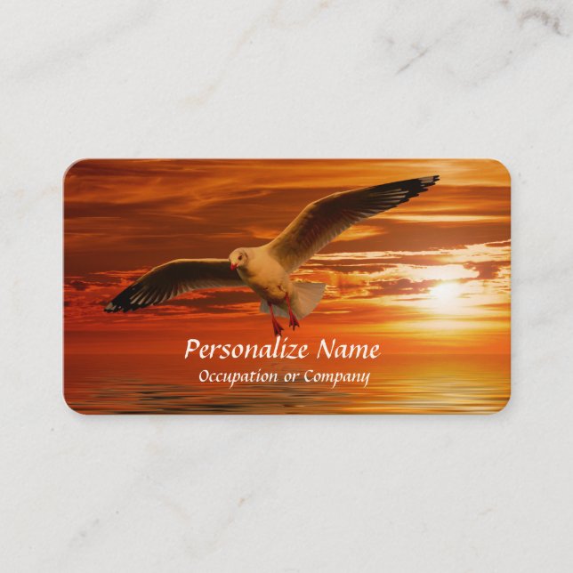 Traveling Seagull Flying over the Ocean at Sunset Business Card (Front)