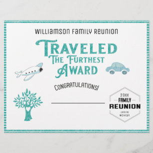 Travelled The Furthest Family Tree Reunion Award Custom Letterhead